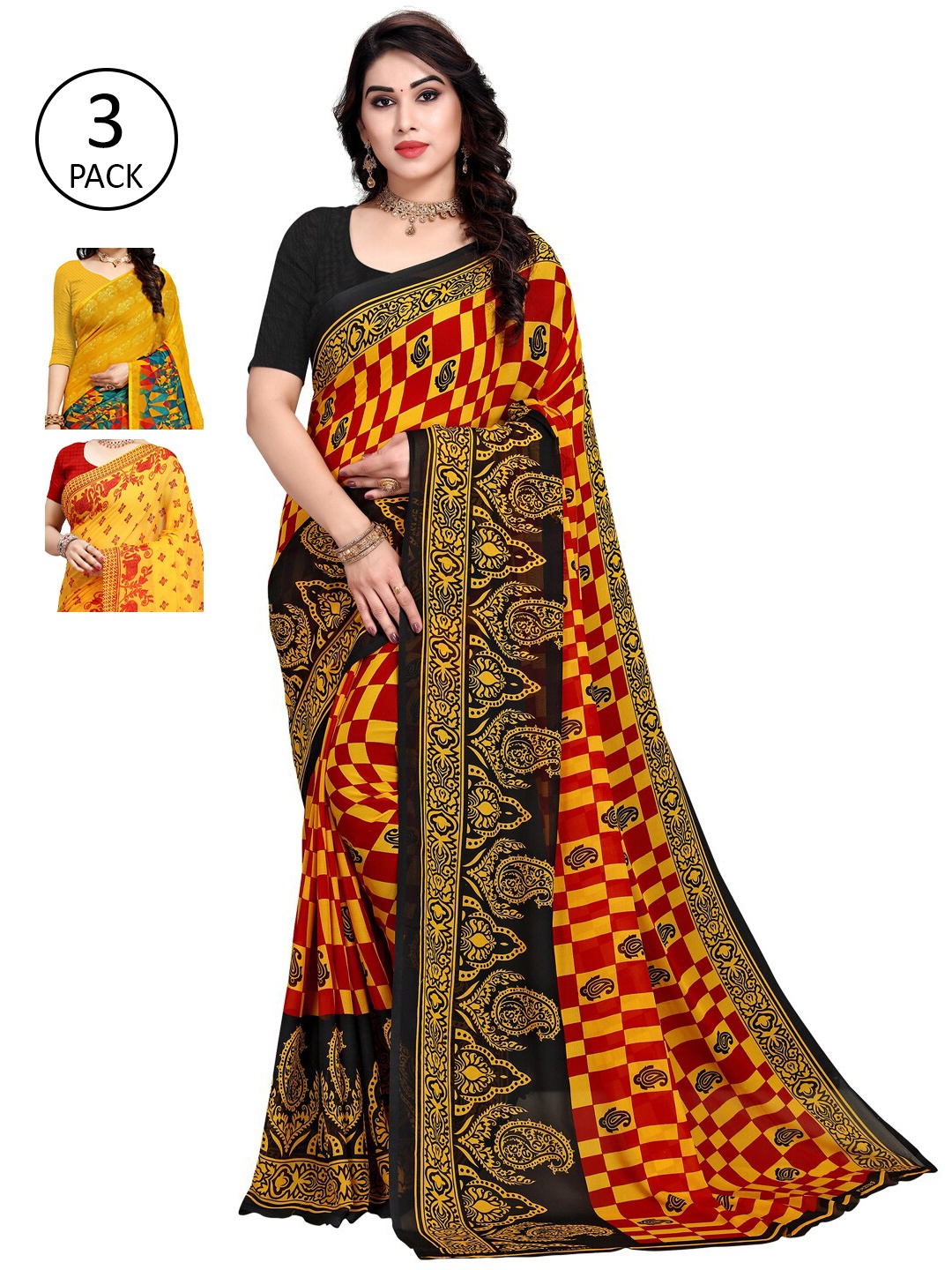 

KALINI Yellow & Black Floral Pack of 3 Saree
