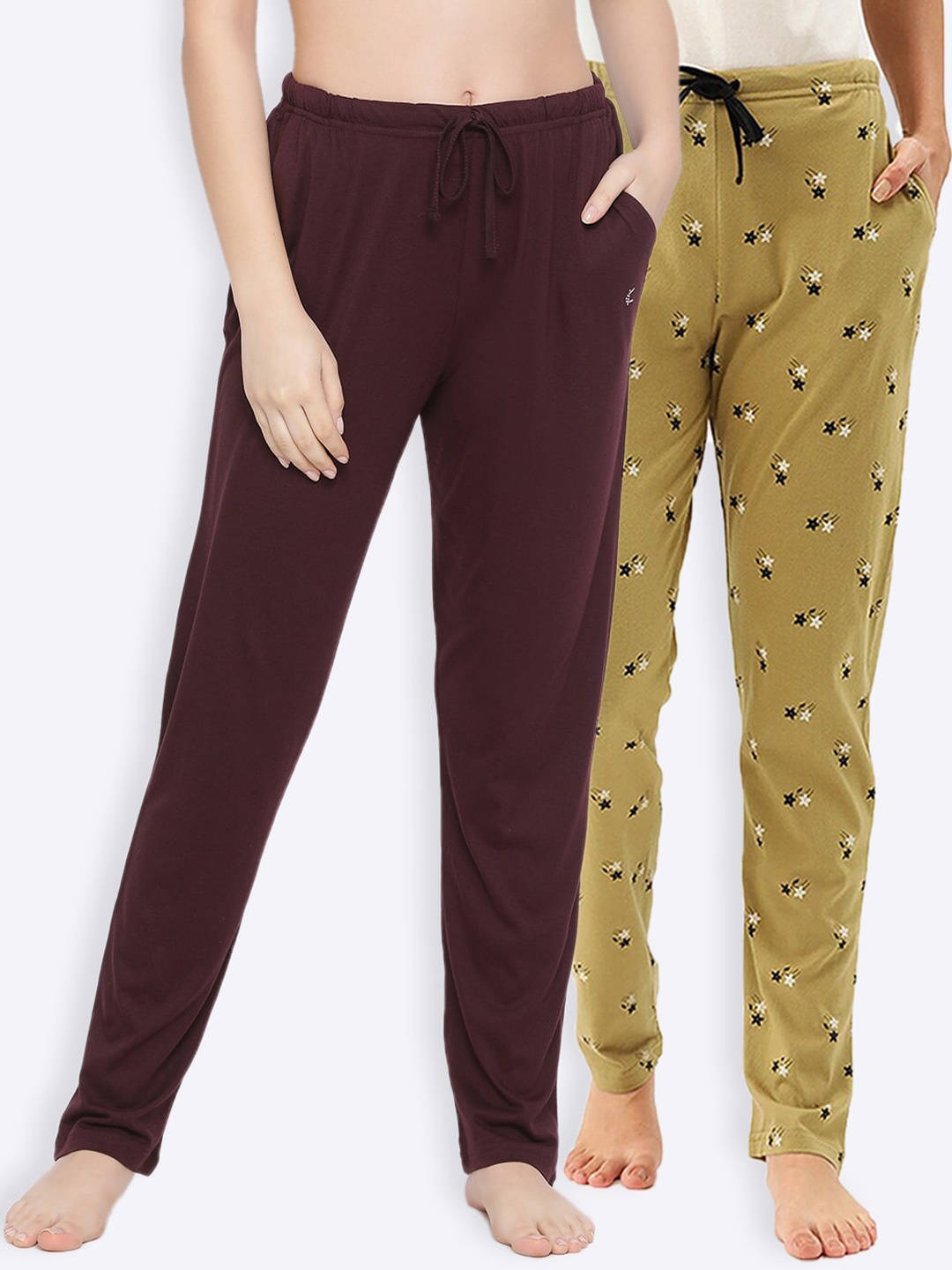 

Kanvin Women Pack Of 2 Printed Pure Cotton Lounge Pants, Brown