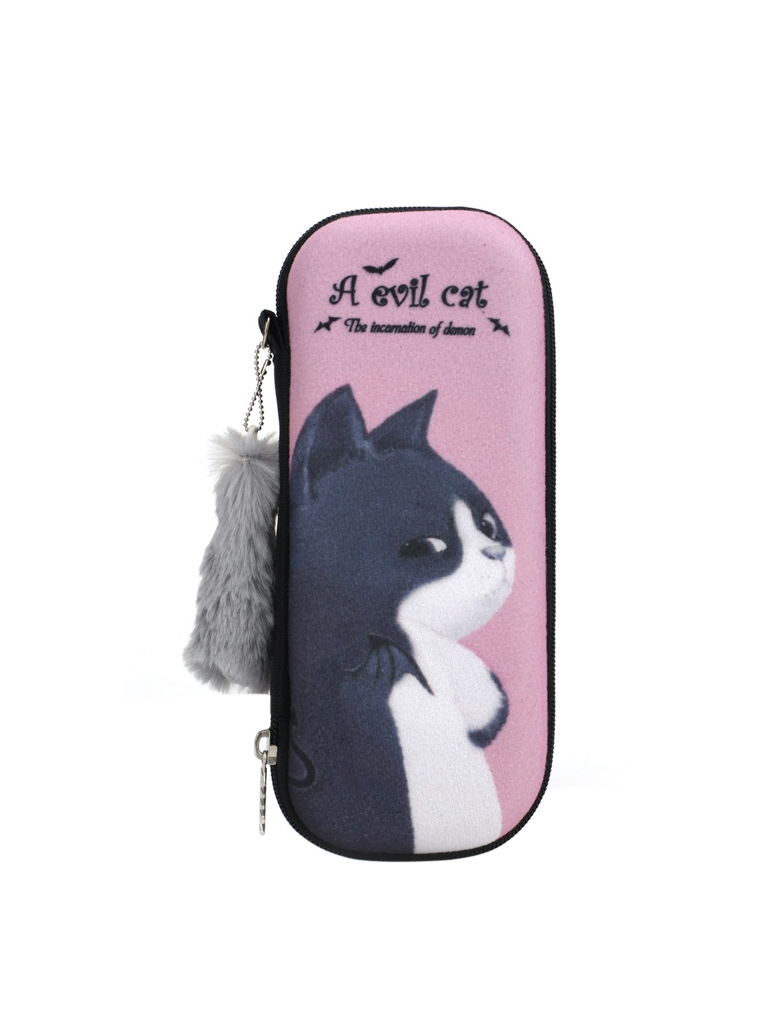 

QIPS Girls Pink & Grey Printed Pencil Box with attached Pom-Pom
