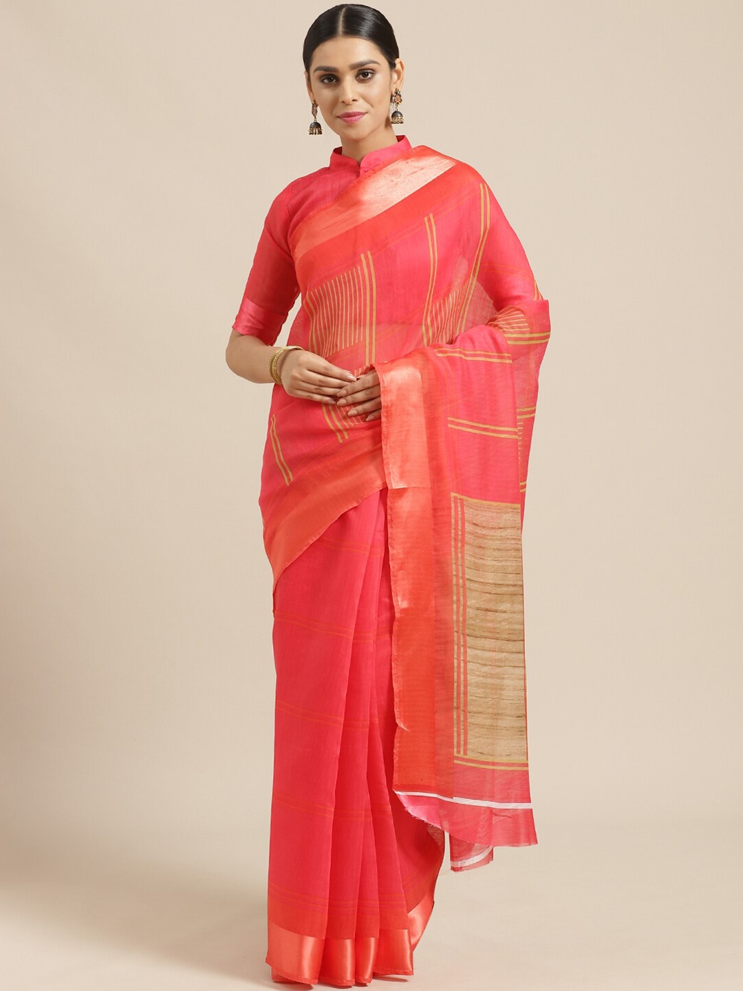 

Saree mall Pink & Gold Striped Silk Cotton Sarees