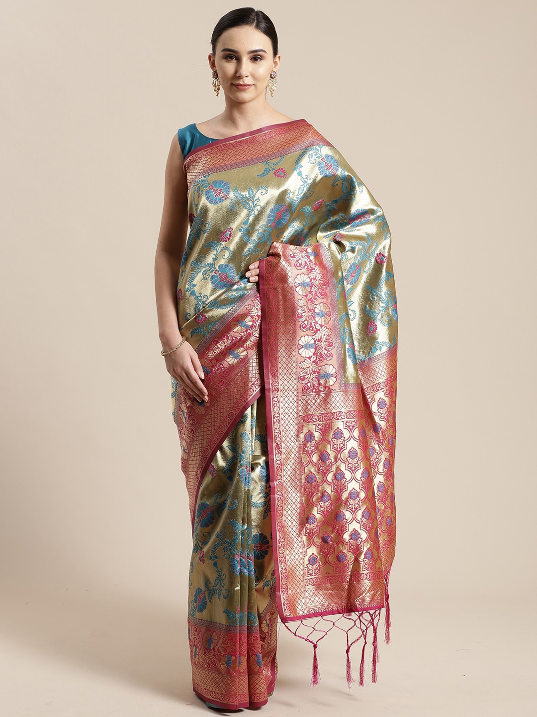 

Saree mall Green & Pink Floral Zari Silk Blend Sarees