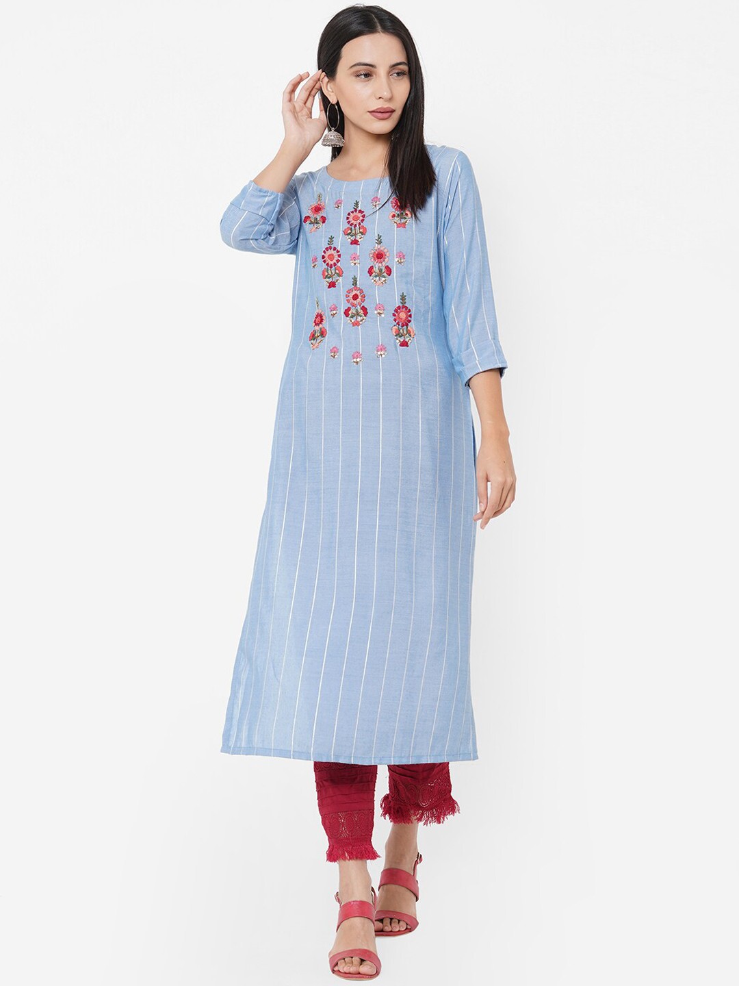 

FASHOR Women Blue Striped Thread Work Kurta