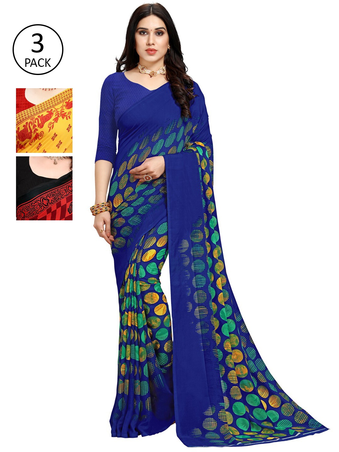 

KALINI Pack Of 3 Yellow & Red Ethnic Motifs Saree