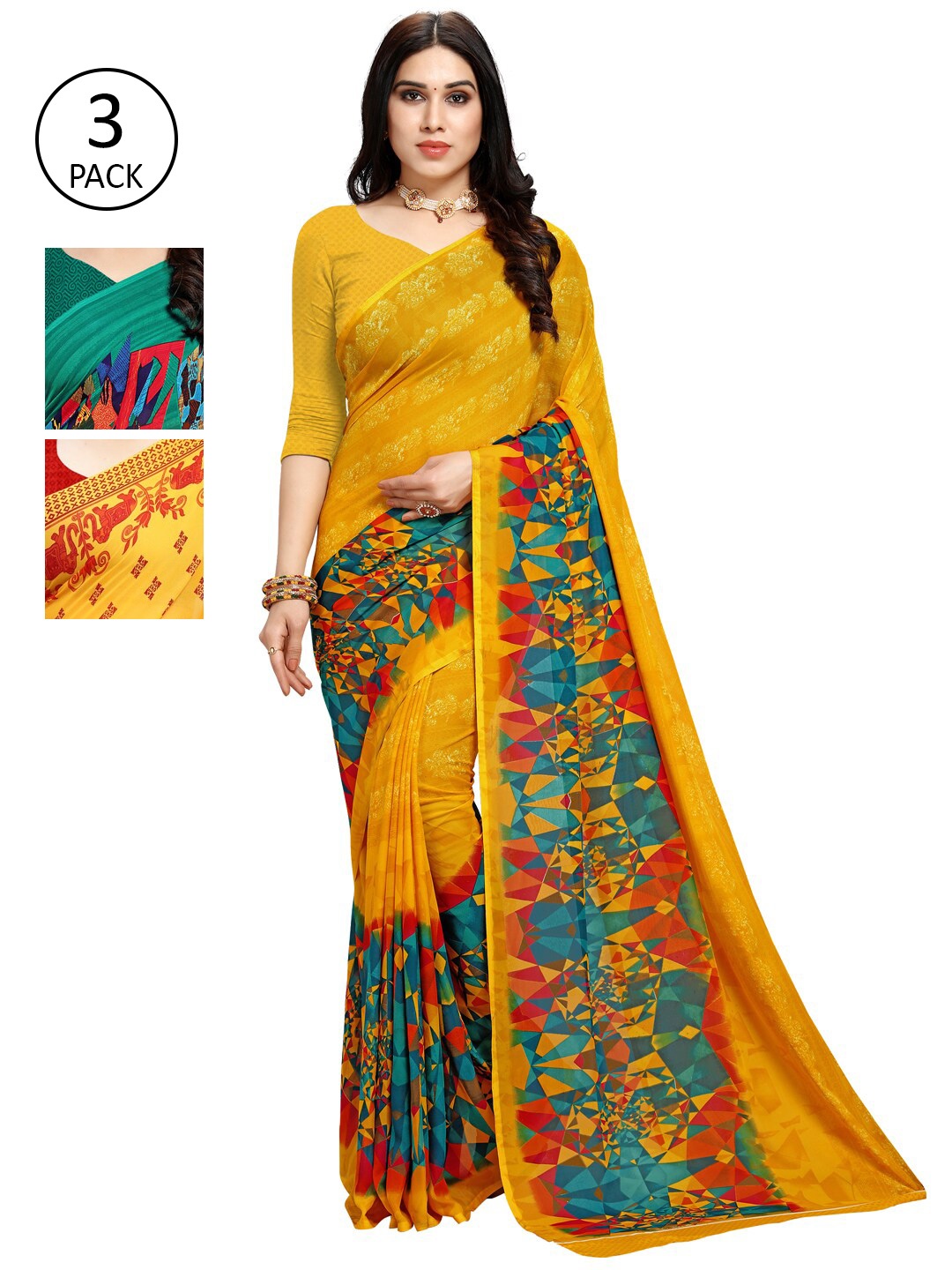 

KALINI Pack of 3 Printed Poly Georgette Saree, Multi