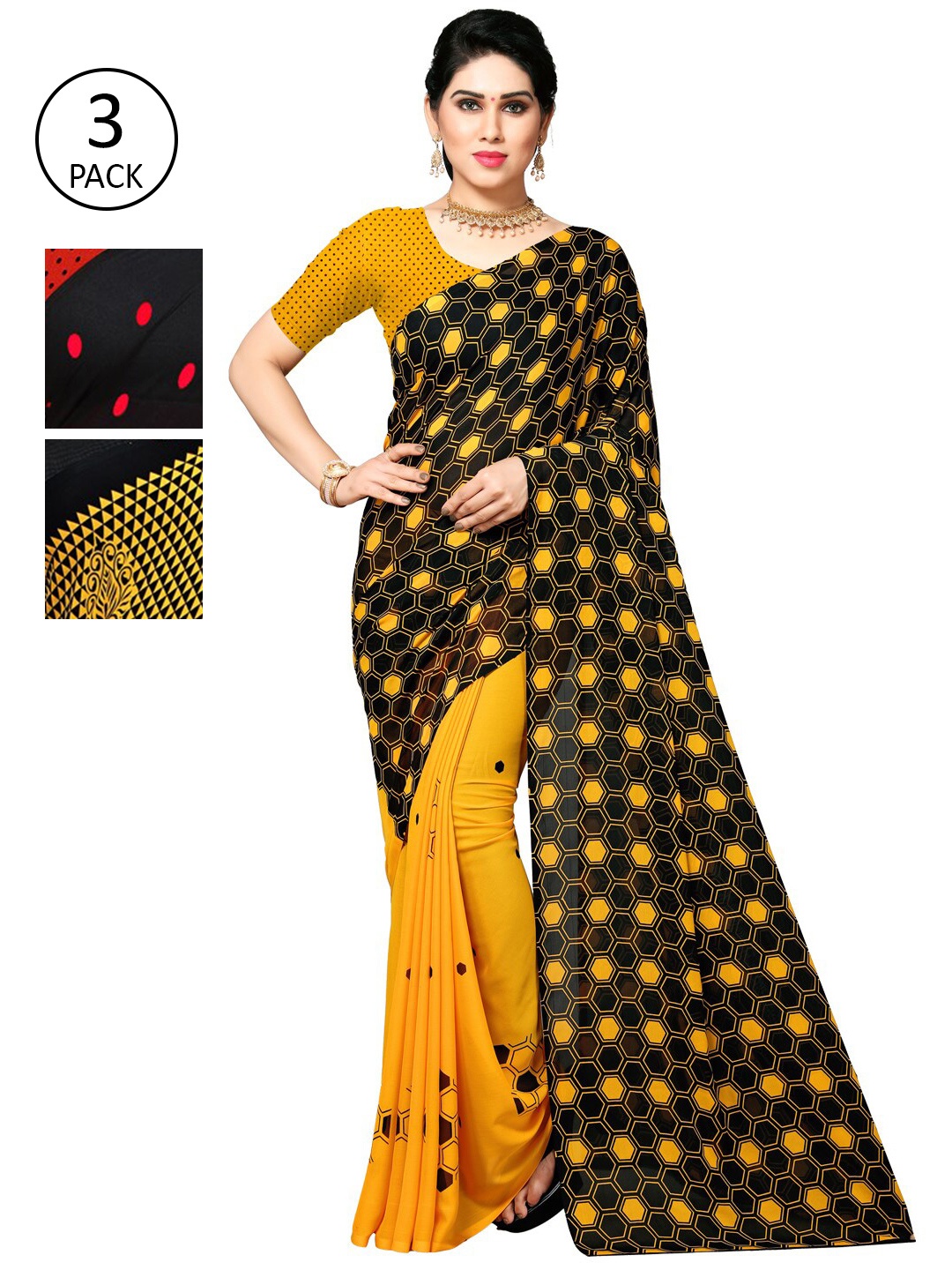 

KALINI Pack of 3 Printed Poly Georgette Saree, Multi