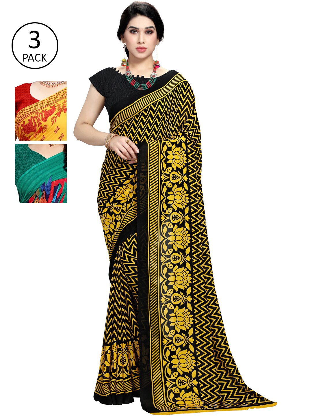 

KALINI Pack Of 3 Poly Georgette Printed Sarees, Yellow