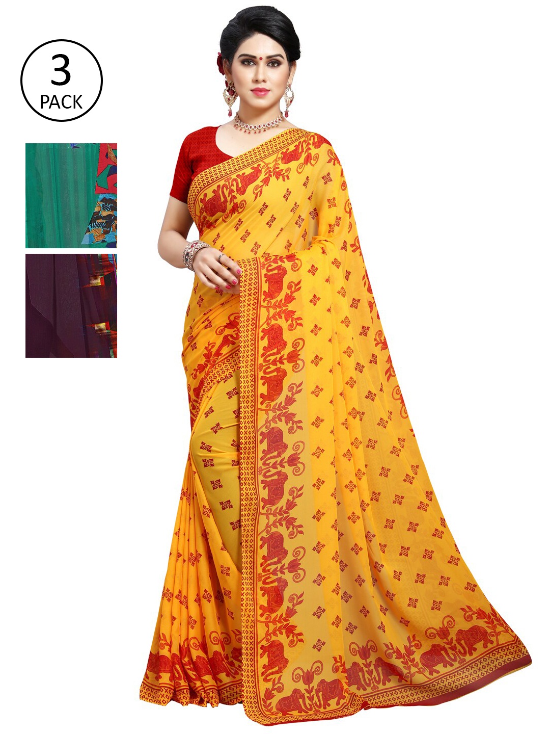 

KALINI Pack of 3 Printed Poly Georgette Saree, Multi