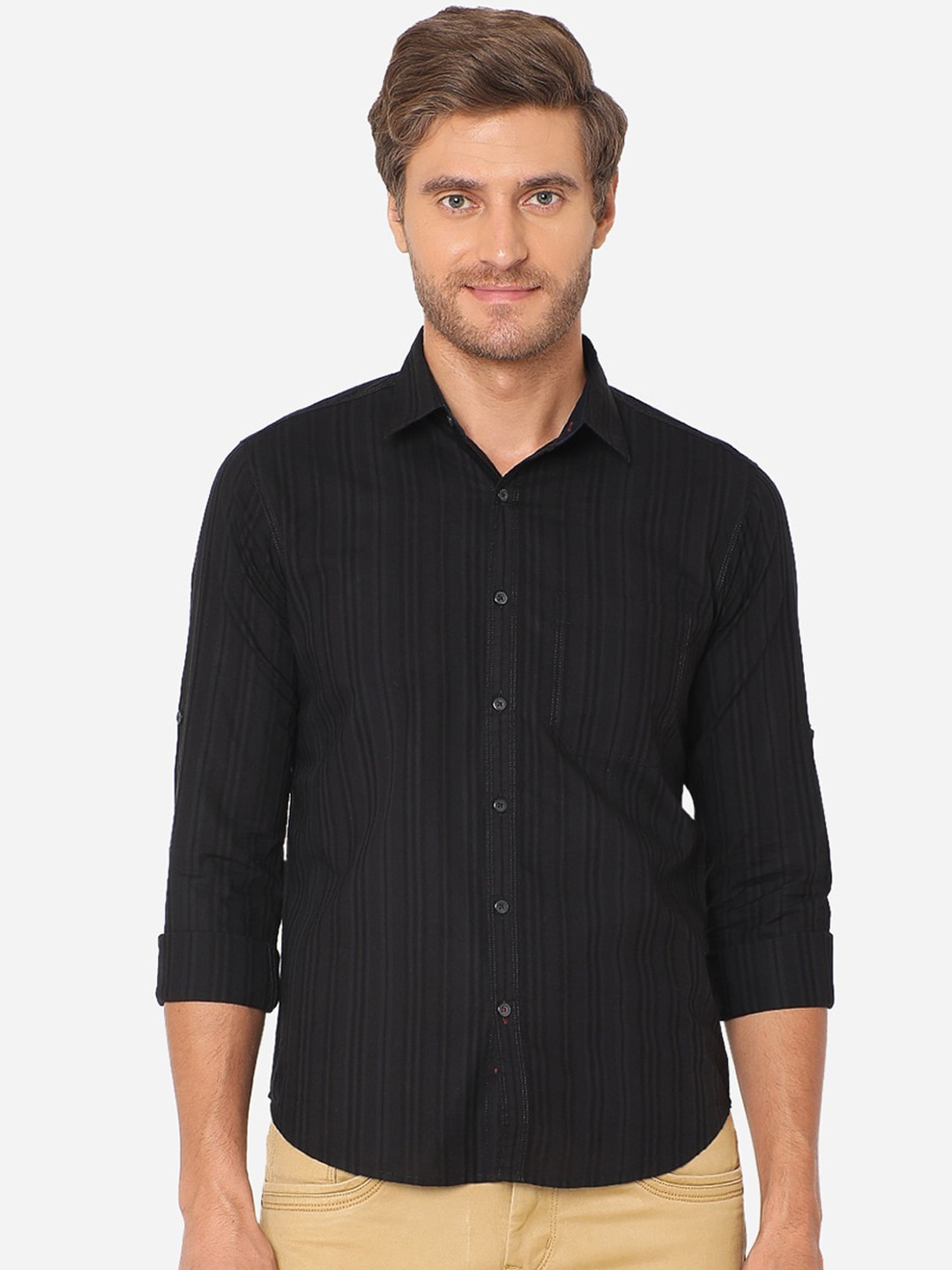 

Greenfibre Men Black Slim Fit Striped Casual Shirt