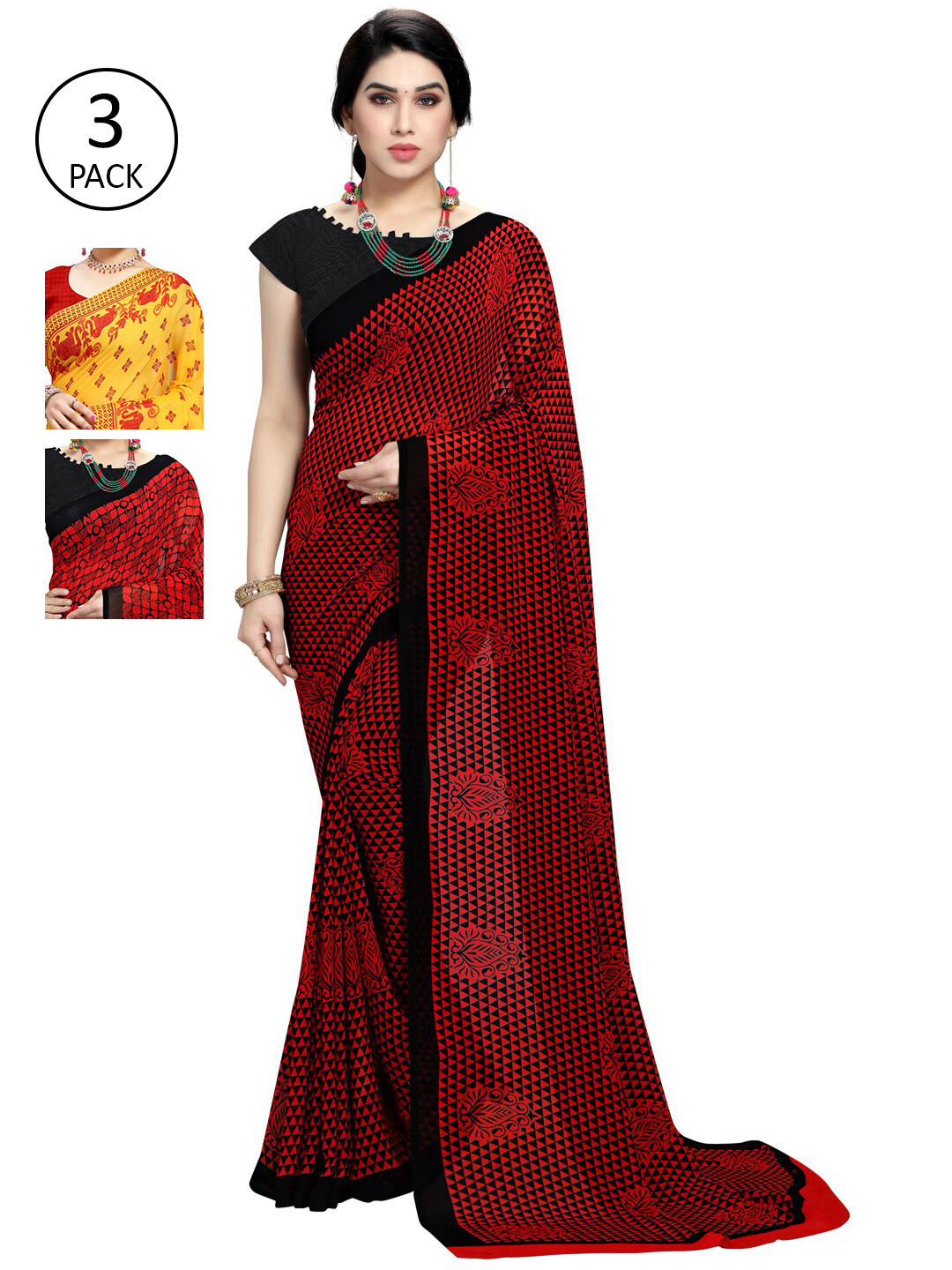 

KALINI Pack Of 3 Yellow & Red Poly Georgette Ethnic Motifs Saree