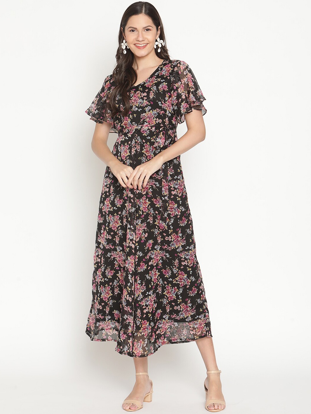 

THREAD MUSTER Black Floral Chiffon Midi Dress
