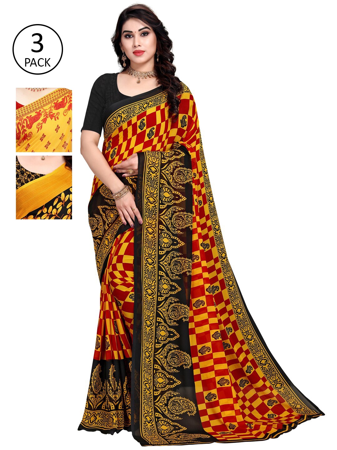 

KALINI Pack Of 3 Printed Sarees, Red