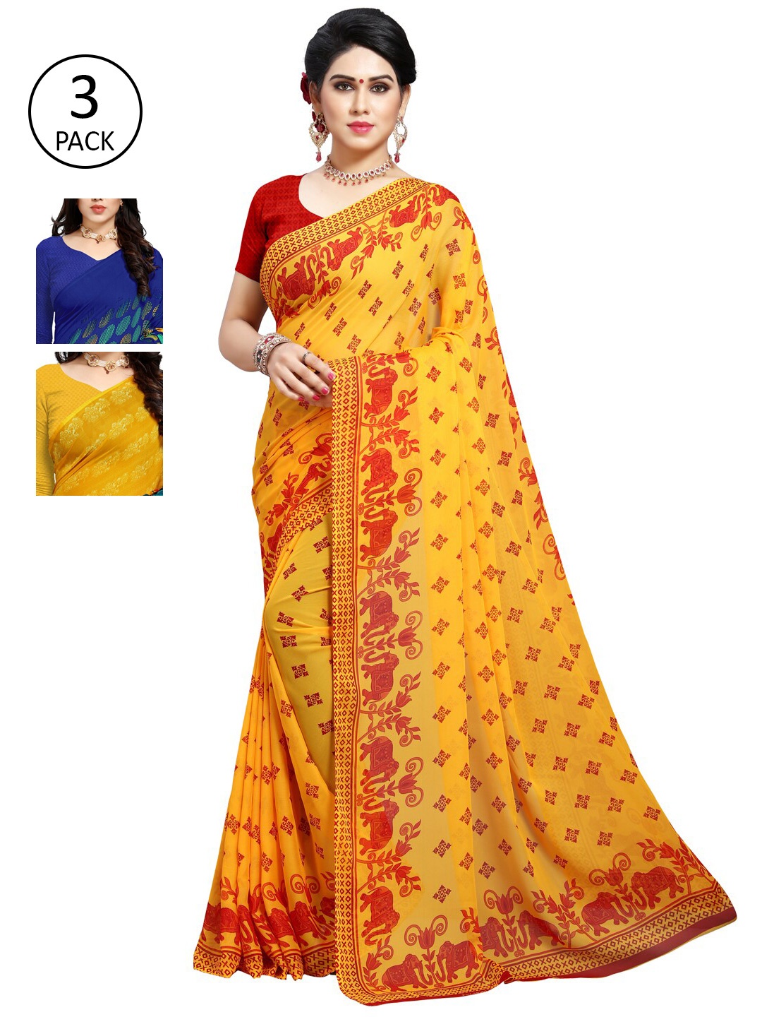

KALINI Pack of 3 Printed Poly Georgette Saree, Multi