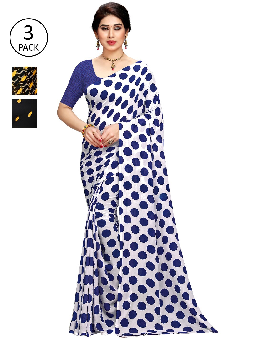 

KALINI Pack Of 3 Poly Georgette Printed Sarees, White