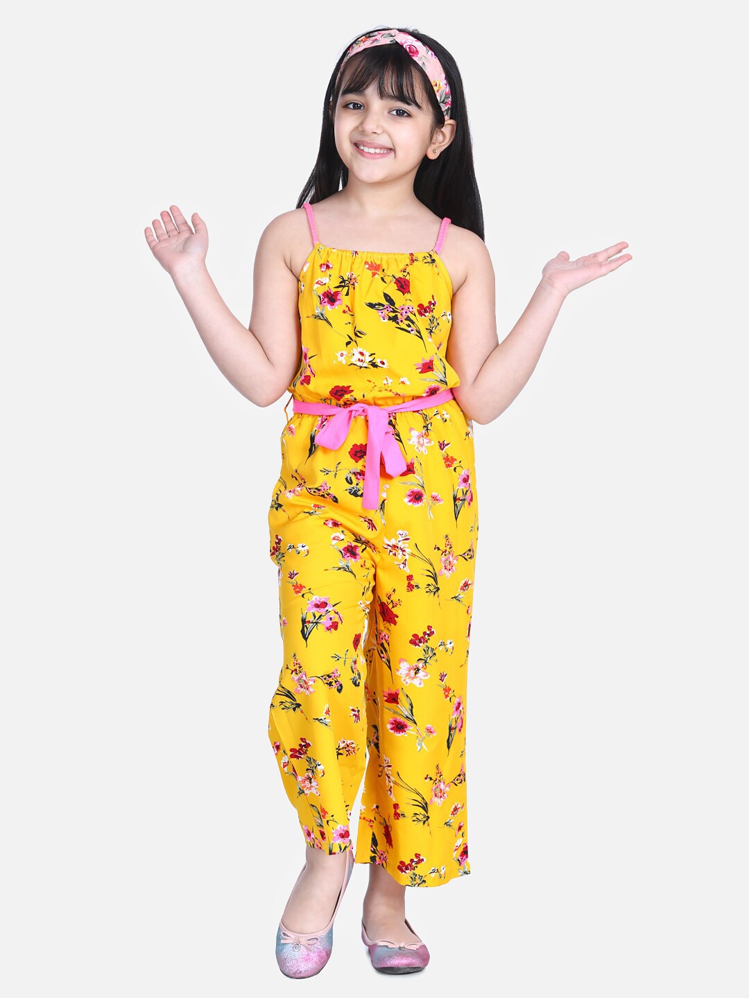 

StyleStone Girls Yellow & Pink Printed Basic Jumpsuit