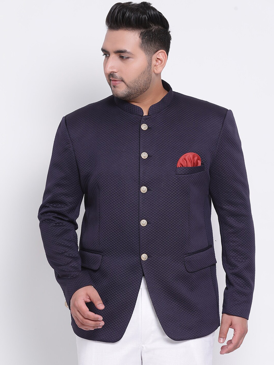

hangup trend Men Navy Blue Self-Design Bandhgala Blazer