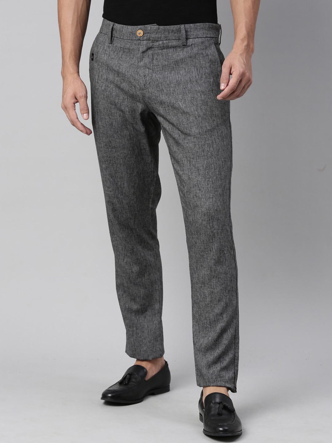 

RARE RABBIT Men Grey Textured Straight Fit Regular Trousers