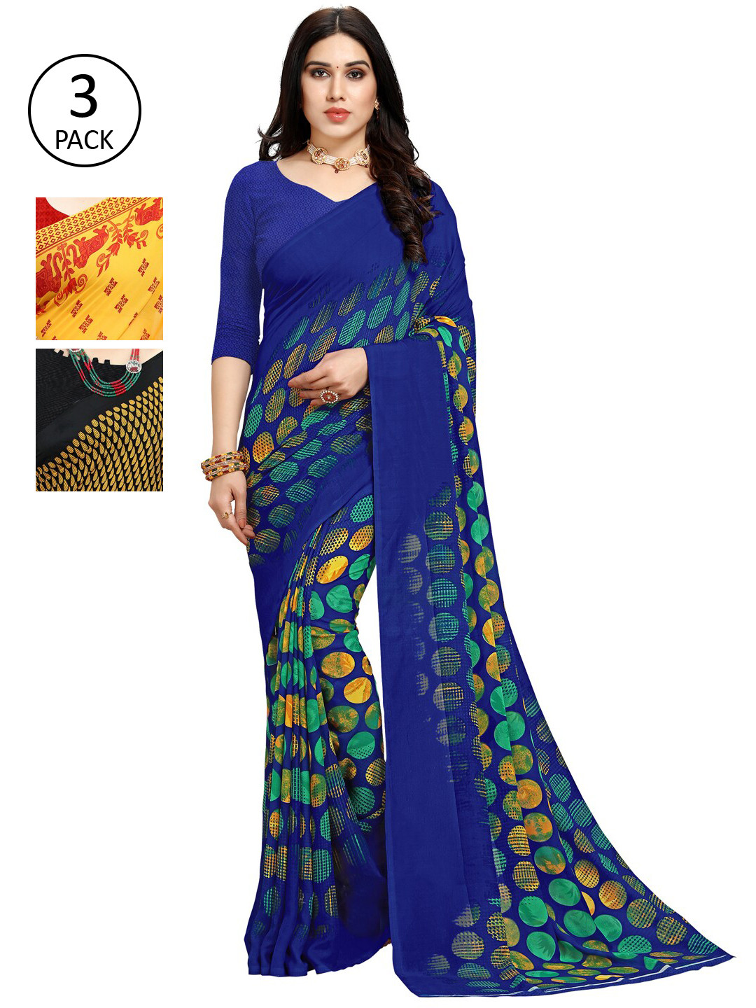 

KALINI Pack of 3 Printed Poly Georgette Saree, Multi