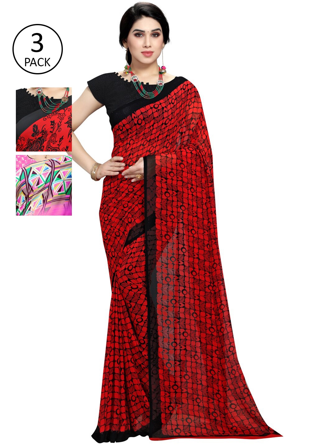 

KALINI Pack of 3 Printed Poly Georgette Saree, Pink