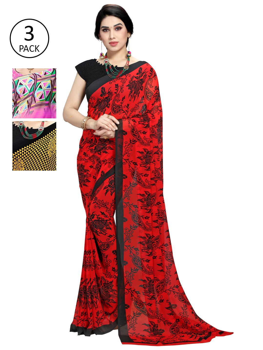 

KALINI Pack Of 3 Floral Sarees, Pink