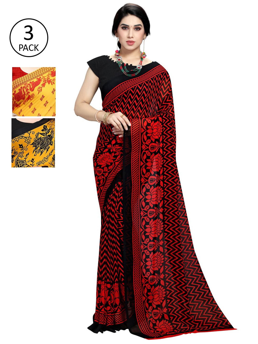 

KALINI Pack Of 3 Printed Saree, Black