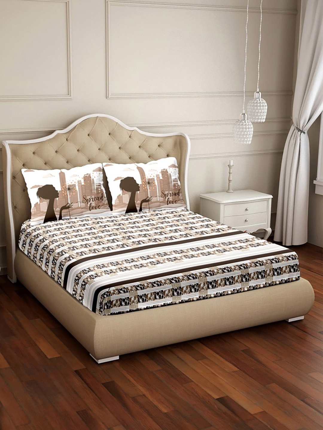 

BELLA CASA White & Brown Geometric 250 TC King Bedsheet with 2 Pillow Covers
