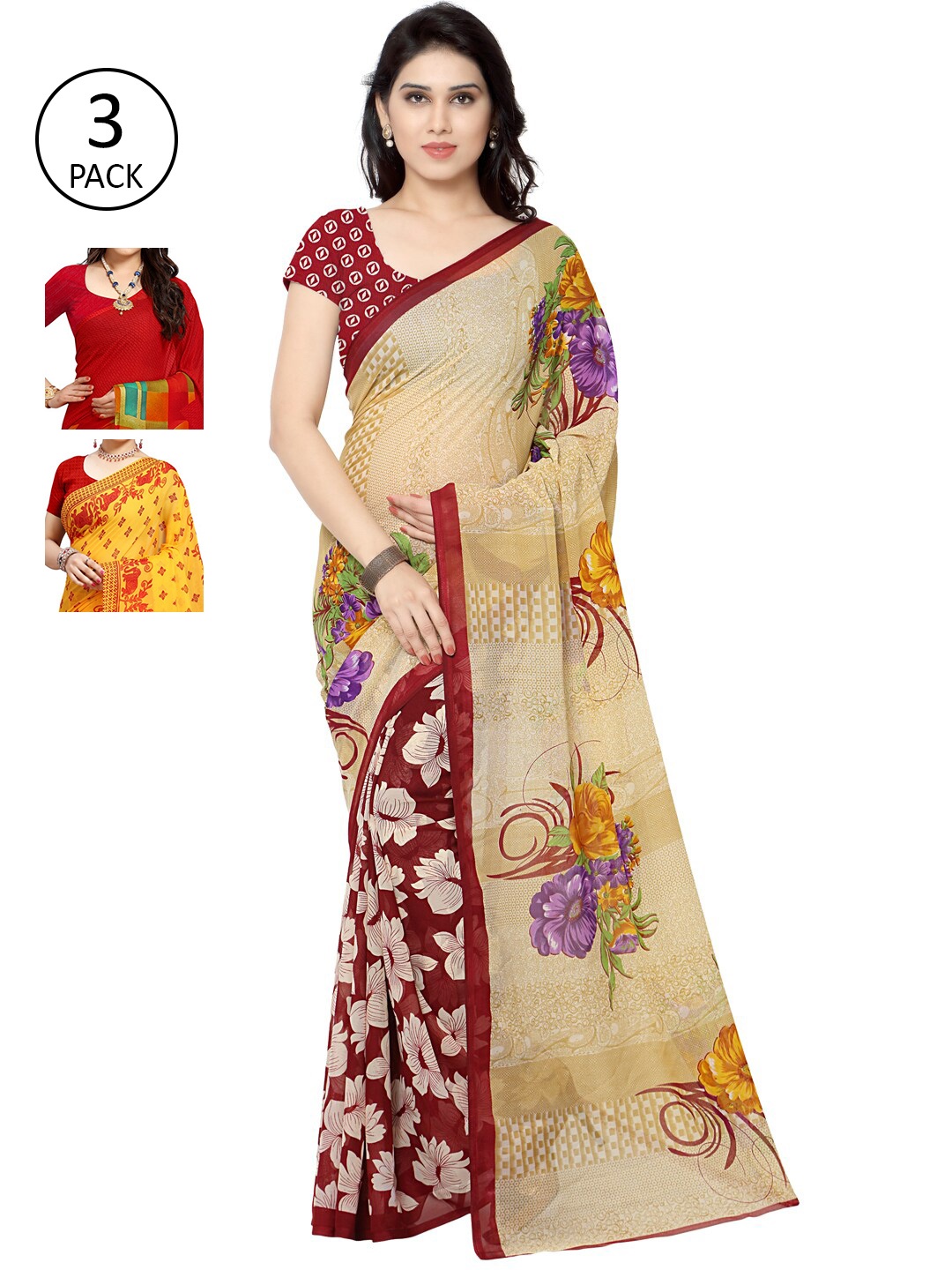 

KALINI Pack of 3 Poly Georgette Sarees, Yellow