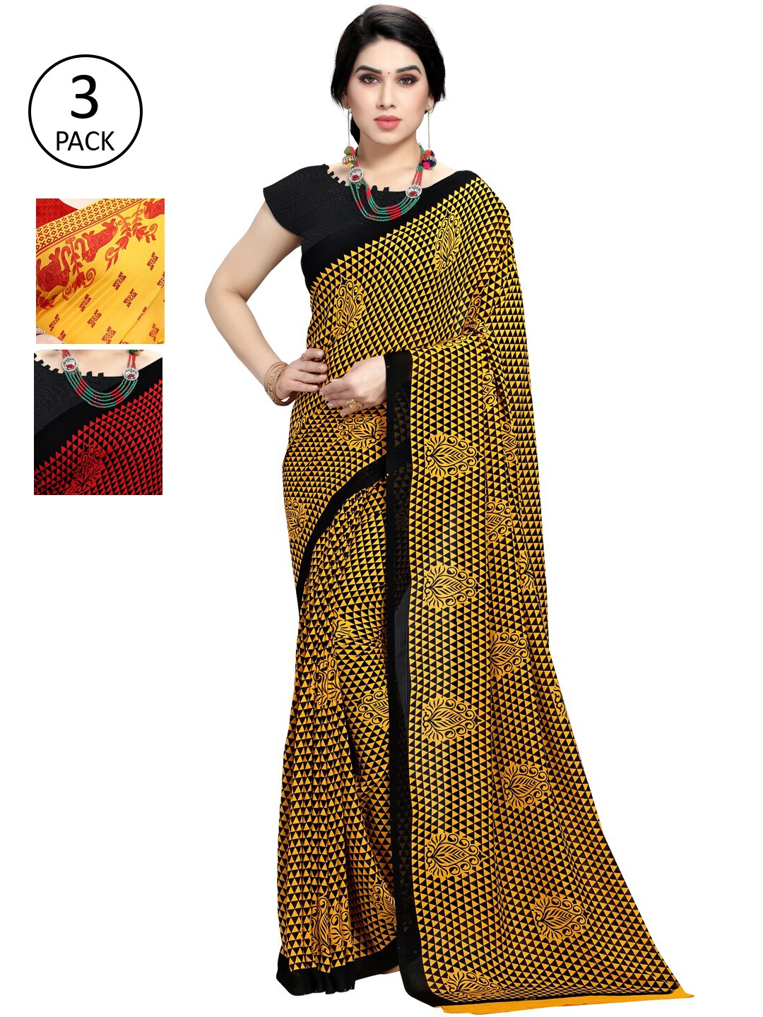 

KALINI Pack Of 3 Printed Sarees, Yellow