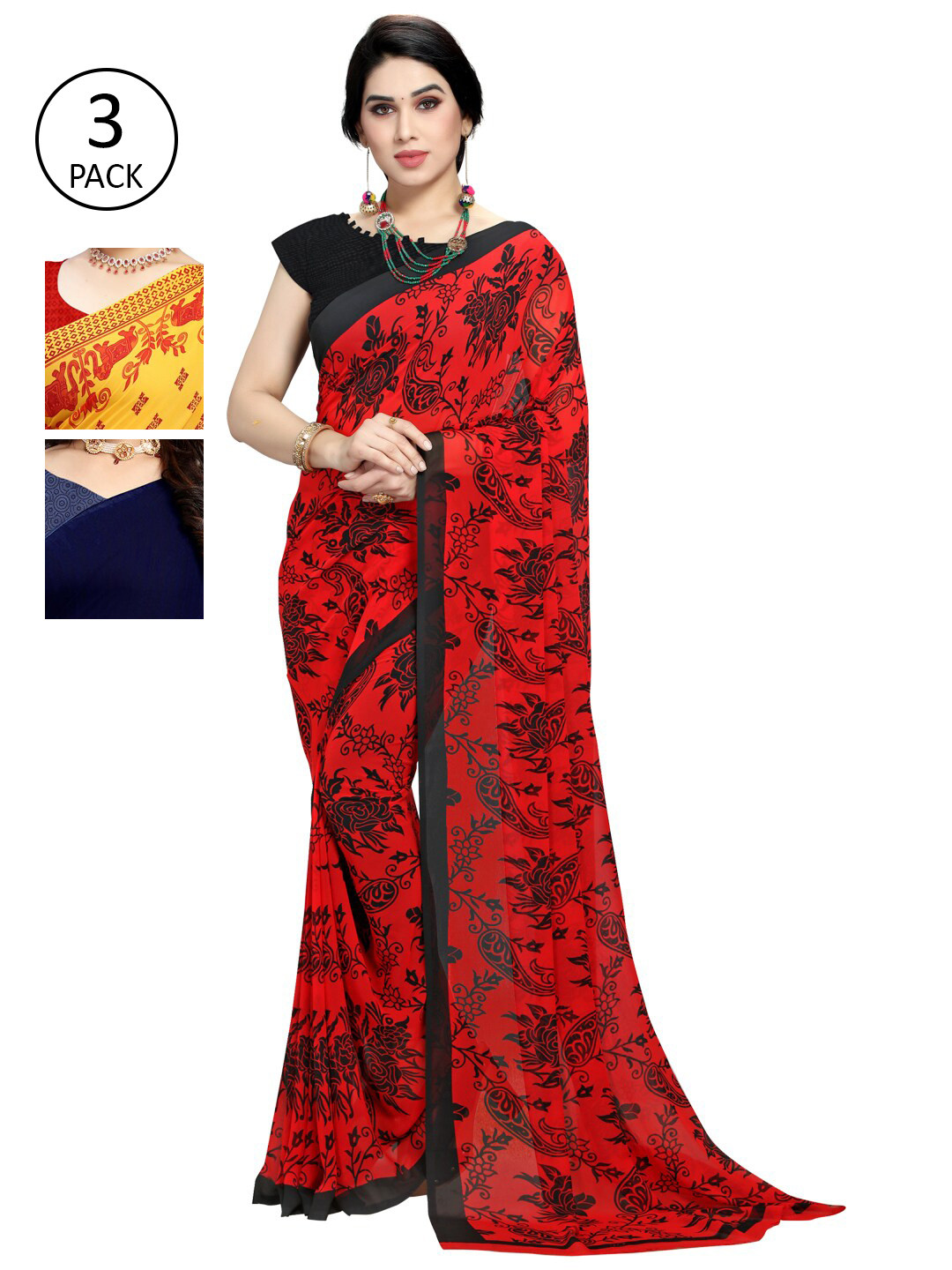 

KALINI Yellow & Red Ethnic Motifs Pack of 3 Saree