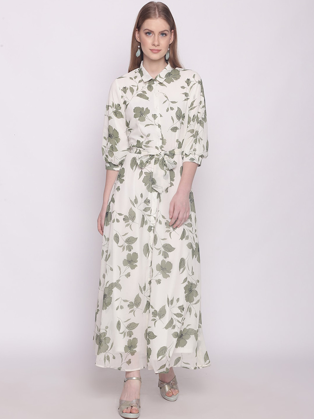

Zink London Women Off White & Green Floral Shirt Style Maxi Dress