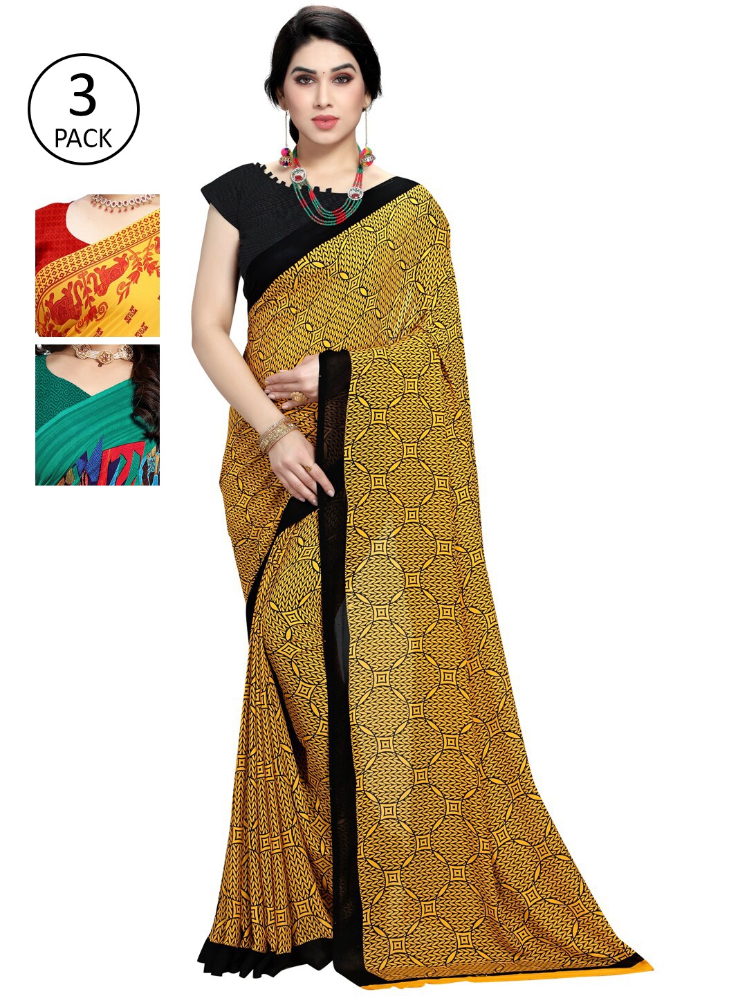 

KALINI Pack Of 3 Yellow & Red Poly Georgette Ethnic Motifs Saree
