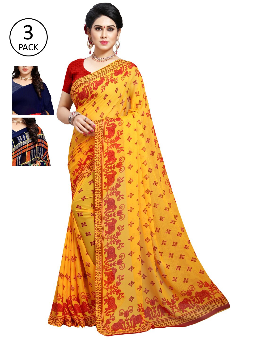 

KALINI Pack Of 3 Blue Floral Sarees, Yellow