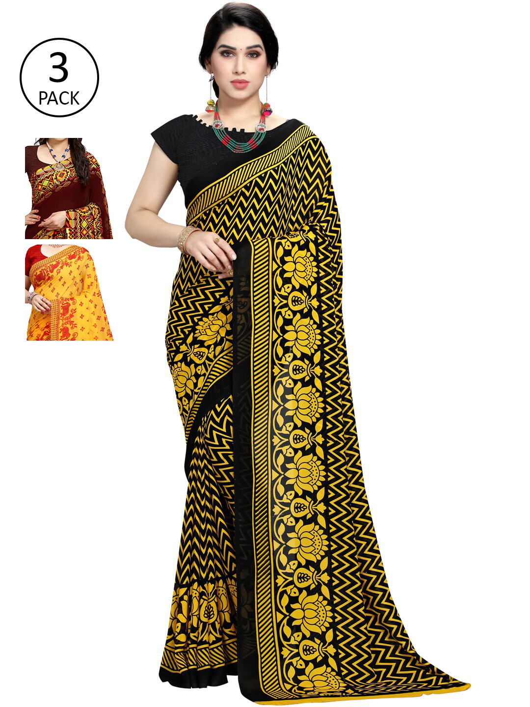 

KALINI Pack of 3 Ethnic Motifs Poly Georgette Saree, Yellow