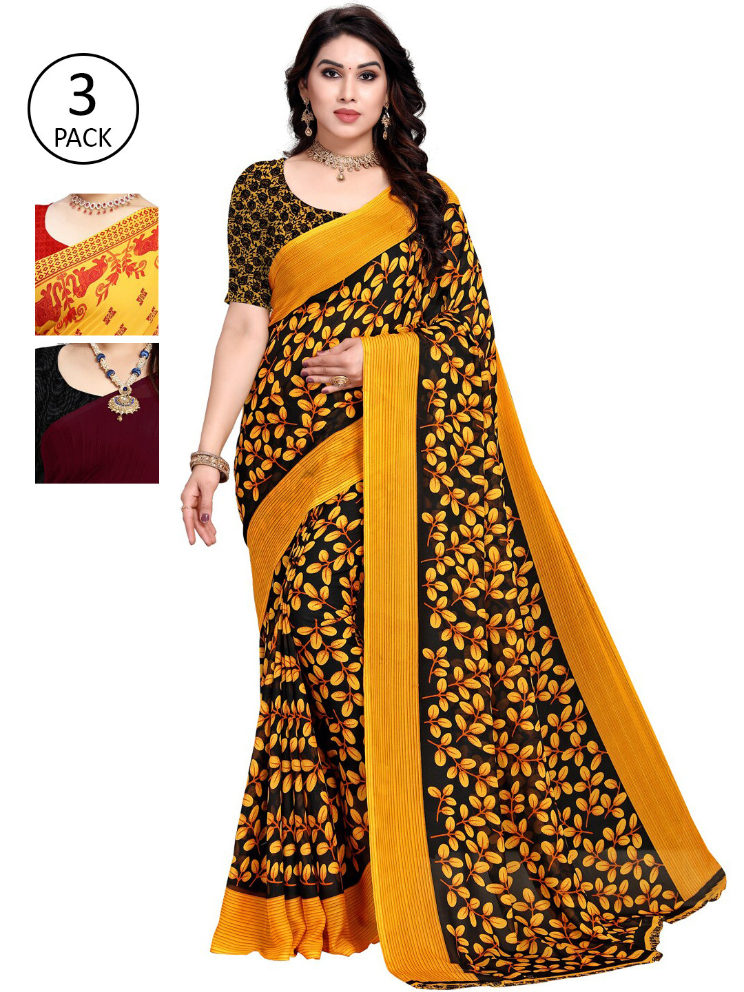 

KALINI Pack Of 3 Poly Georgette Printed Sarees, Yellow