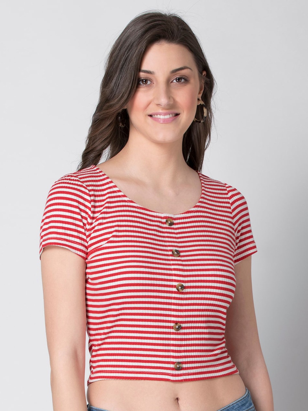 

FabAlley Women Red & Off-White Striped Fitted Crop Top