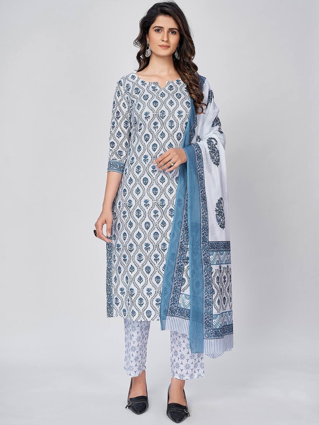 

Vbuyz Women White & Blue Printed Kurta with Trousers & With Dupatta
