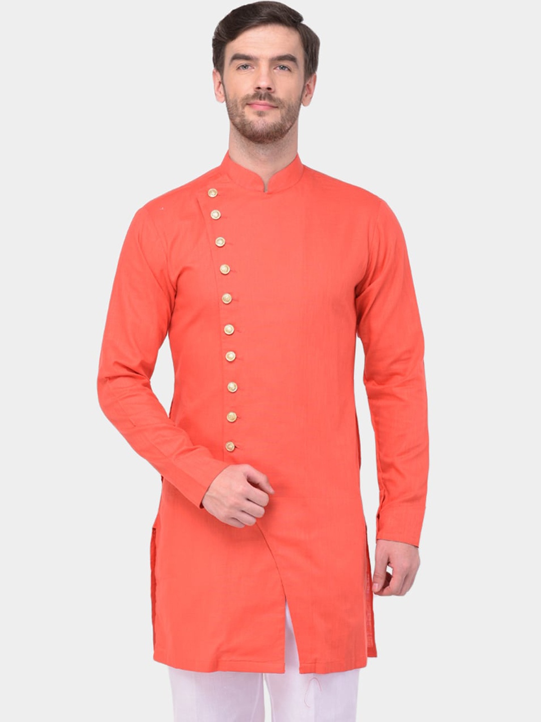 

SG LEMAN Men Coral Orange Solid Pure Cotton Angrakha Kurta