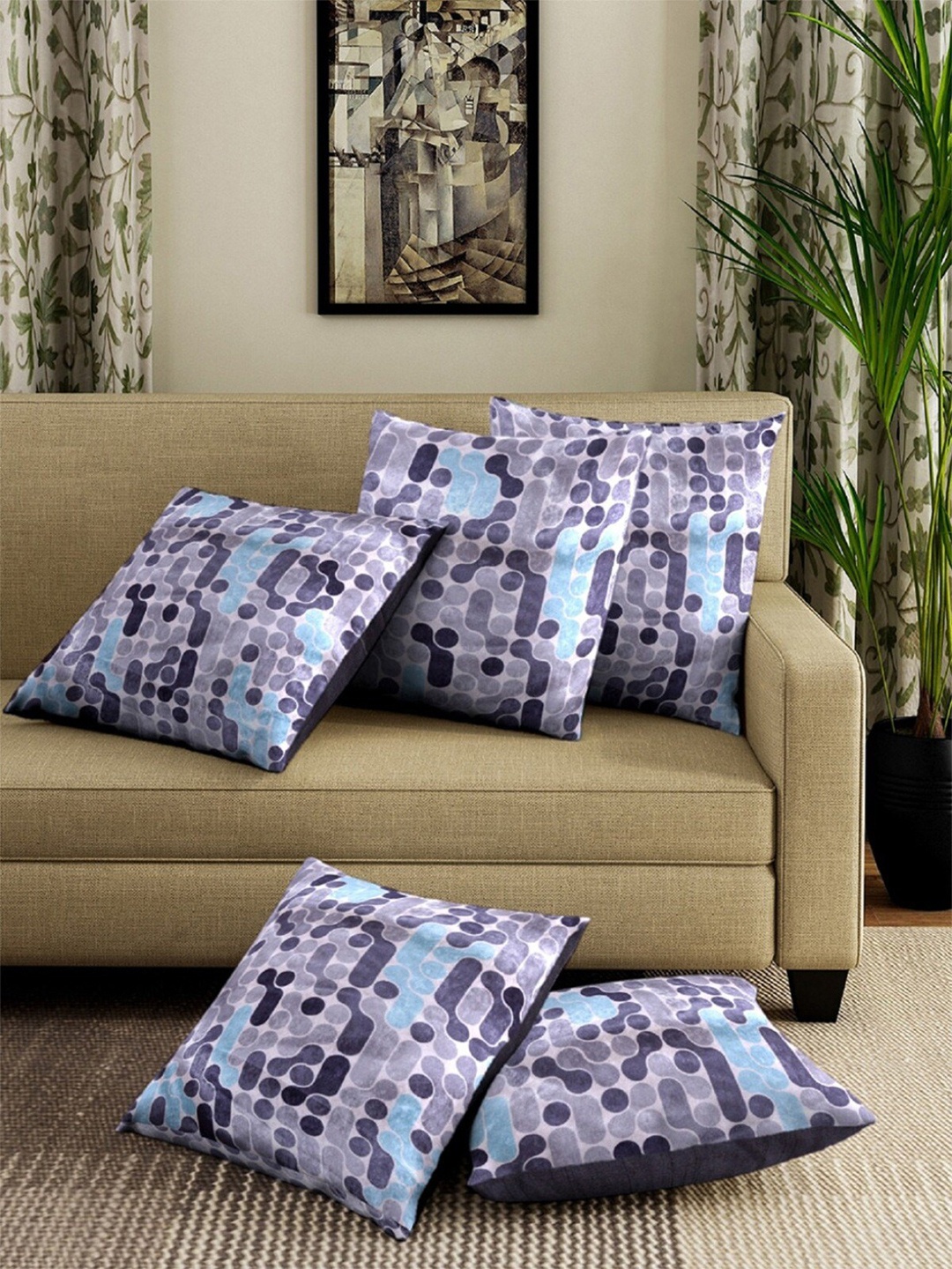 ROMEE Purple & Blue Set of 5 Geometric Velvet Square Cushion Covers