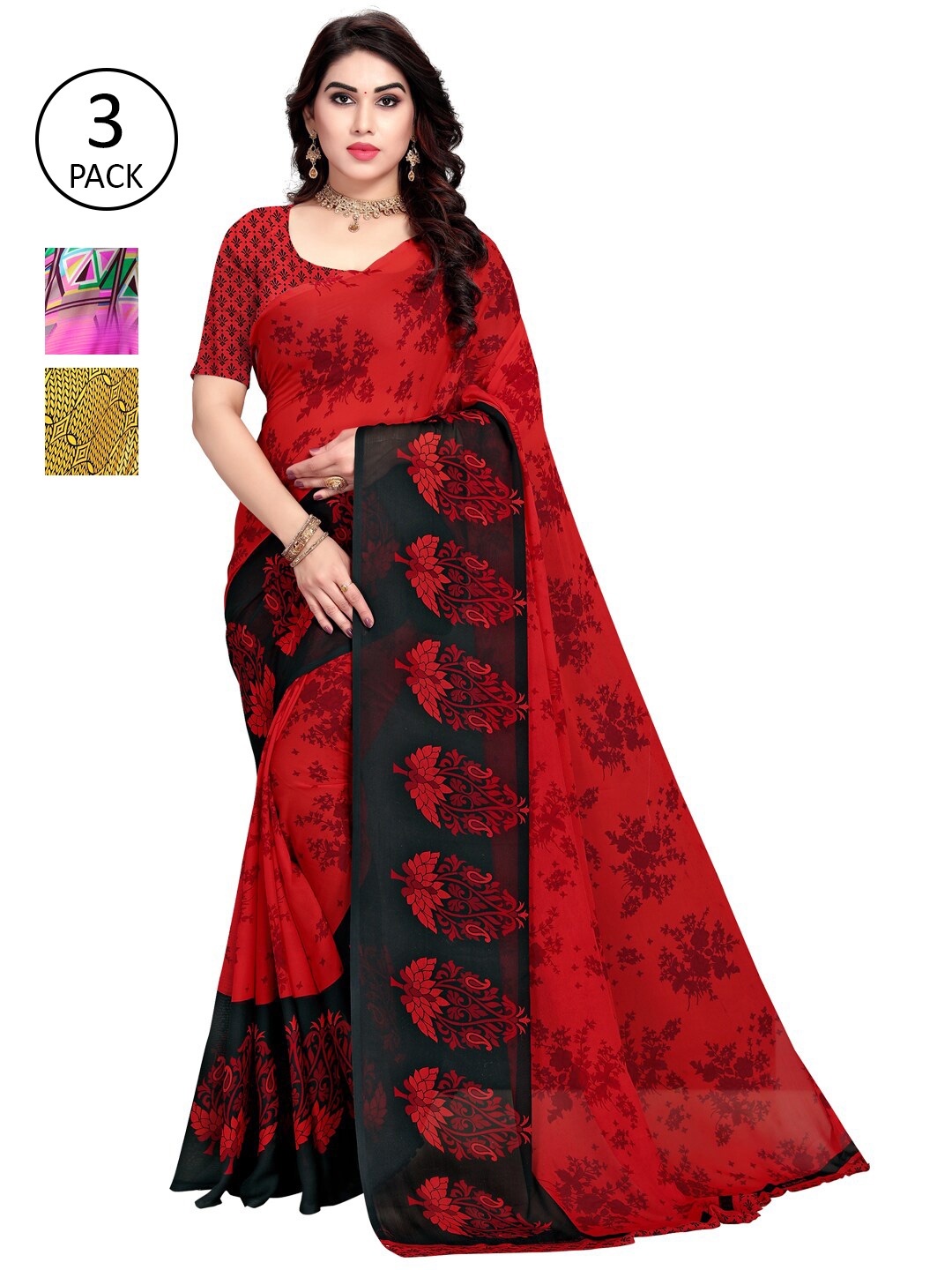 

KALINI Pack Of 3 Red & Yellow Saree