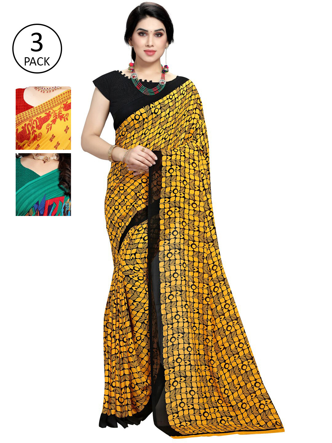 

KALINI Pack of 3 Printed Poly Georgtte Saree, Yellow