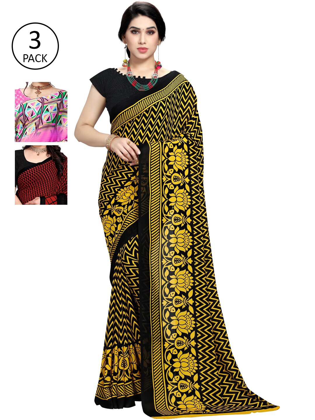 

KALINI Pack Of 3 Yellow & Red Saree