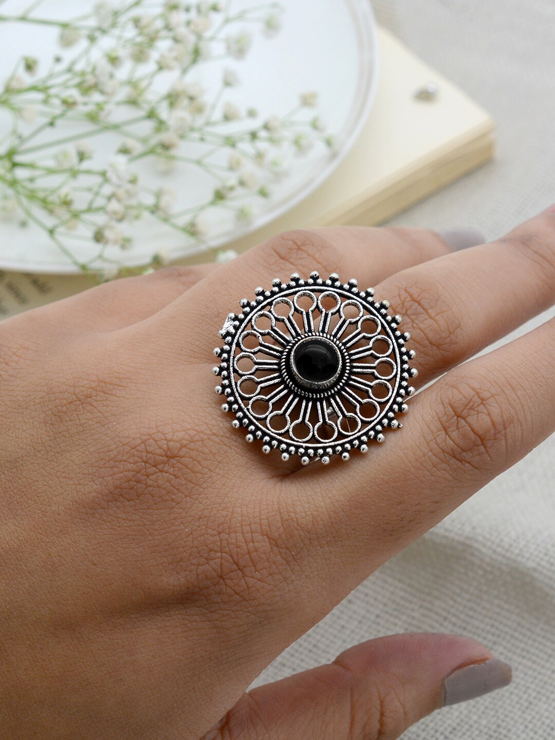 

TEEJH Oxidised Silver-Toned Filigree Adjustable Finger Ring