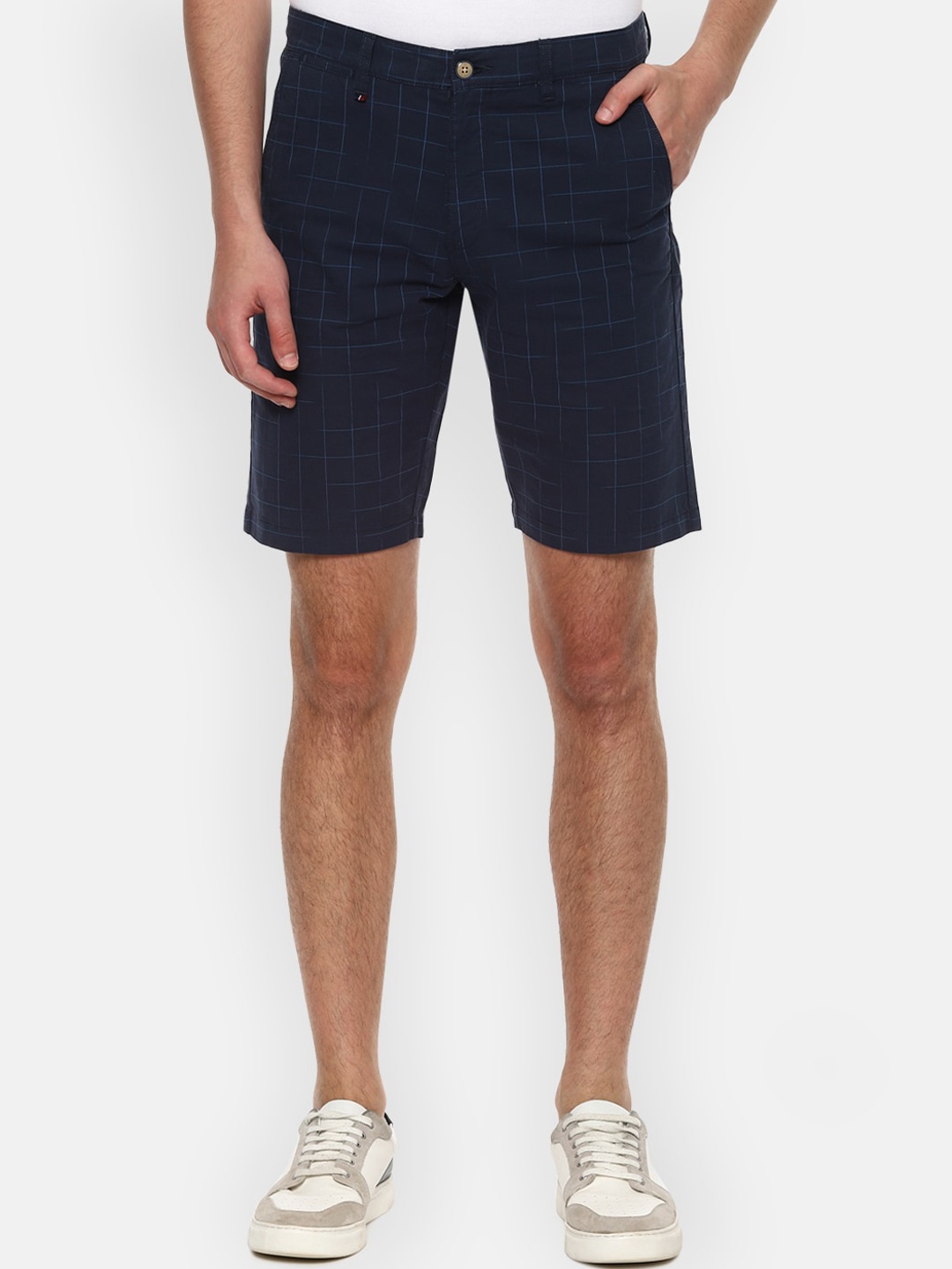 

Louis Philippe Sport Men Navy Blue Checked Printed Slim Fit Mid-Rise Denim Shorts