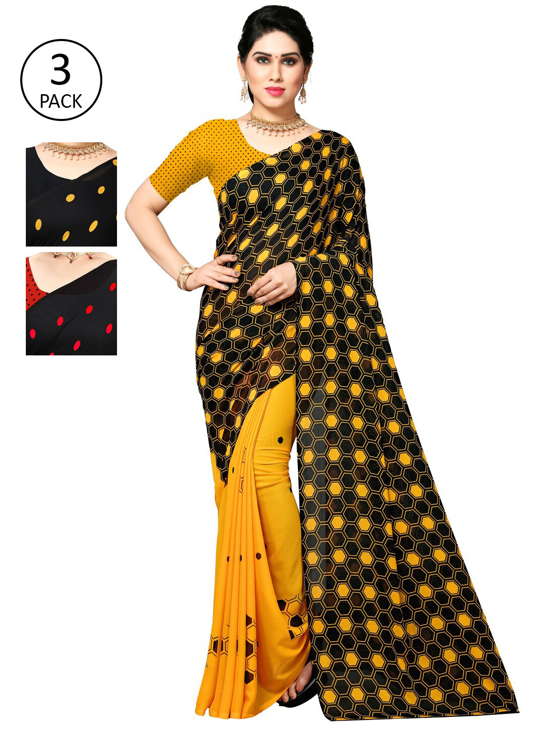 

KALINI Women Pack Of 3 Multi Printed Sarees, Yellow