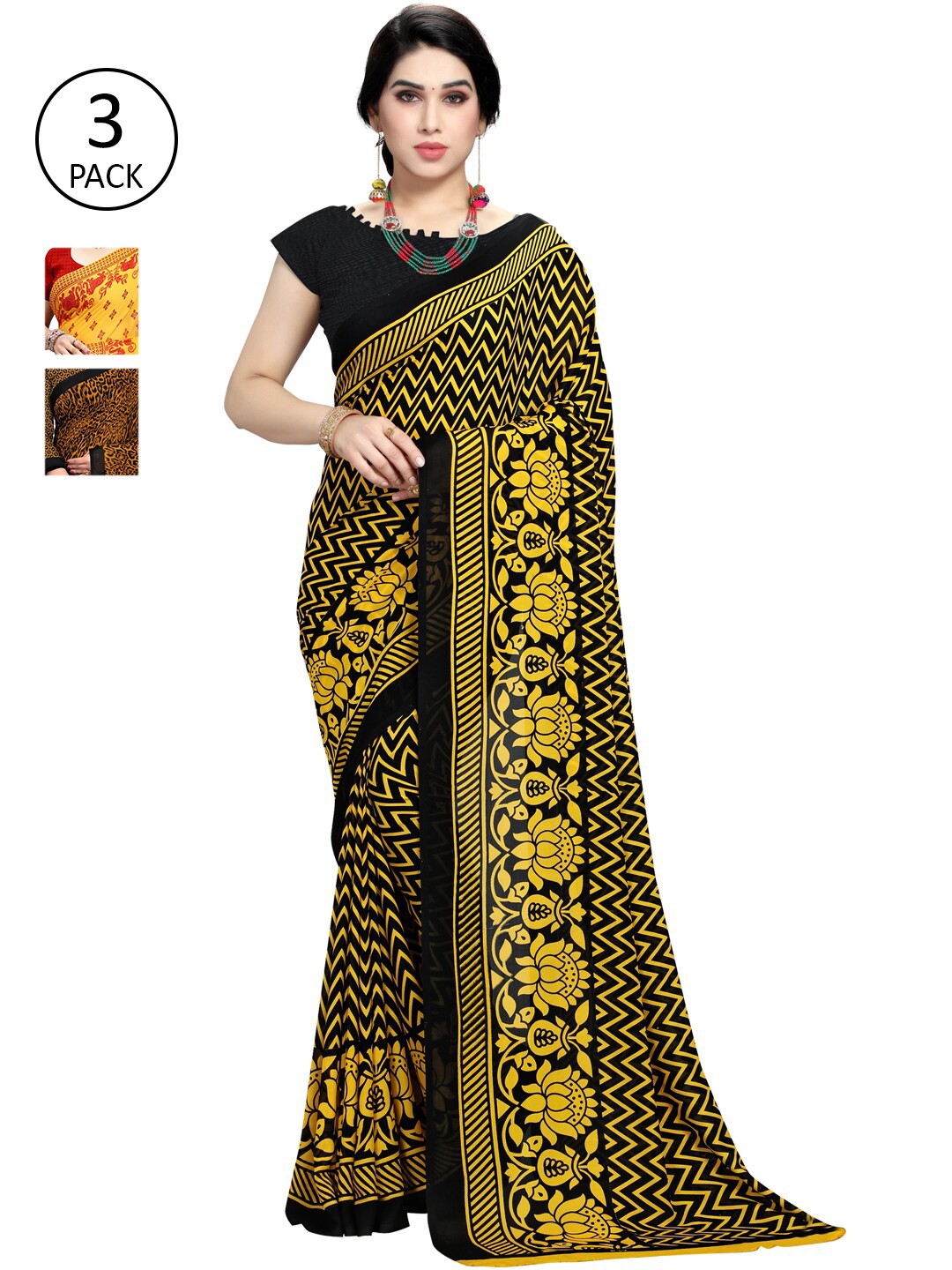 

ANAND SAREES Women Pack of 3 Printed Saree, Yellow