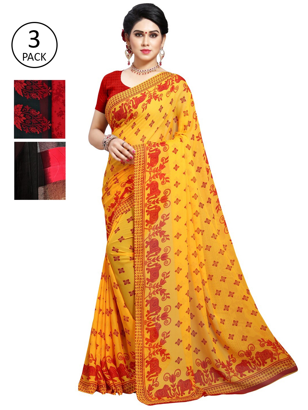 

KALINI Pack Of 3 Red & Yellow Ethnic Motifs Saree