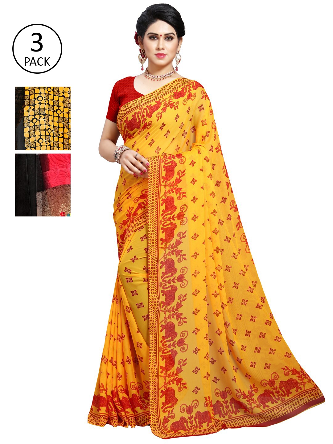 

KALINI Pack Of 3 Poly Georgette Printed Sarees, Yellow
