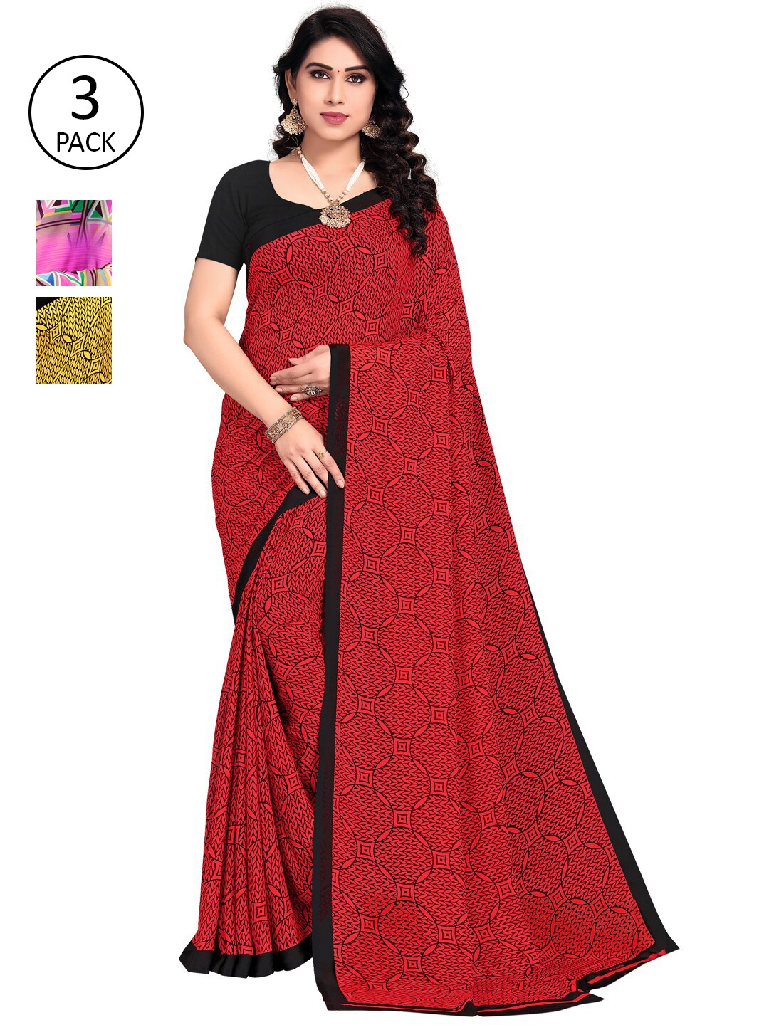 

KALINI Pack Of 3 Red & Pink Saree