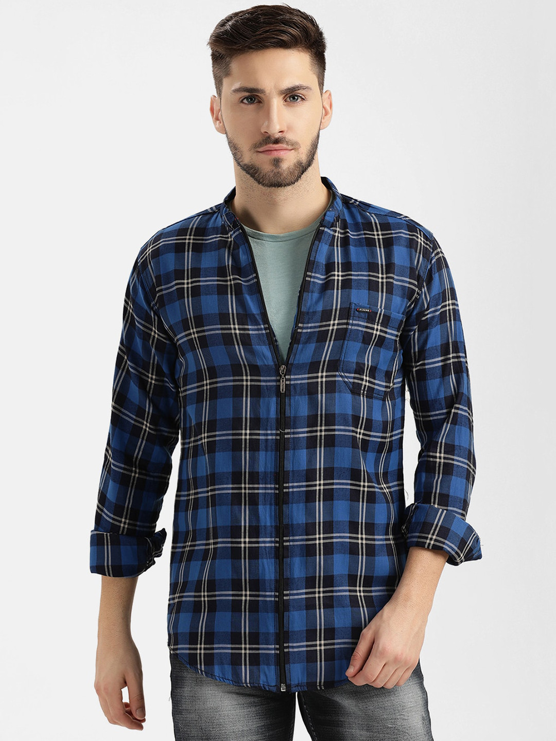 

V2 Value & Variety Men Navy Blue Tartan Checked Pure Cotton Casual Shirt