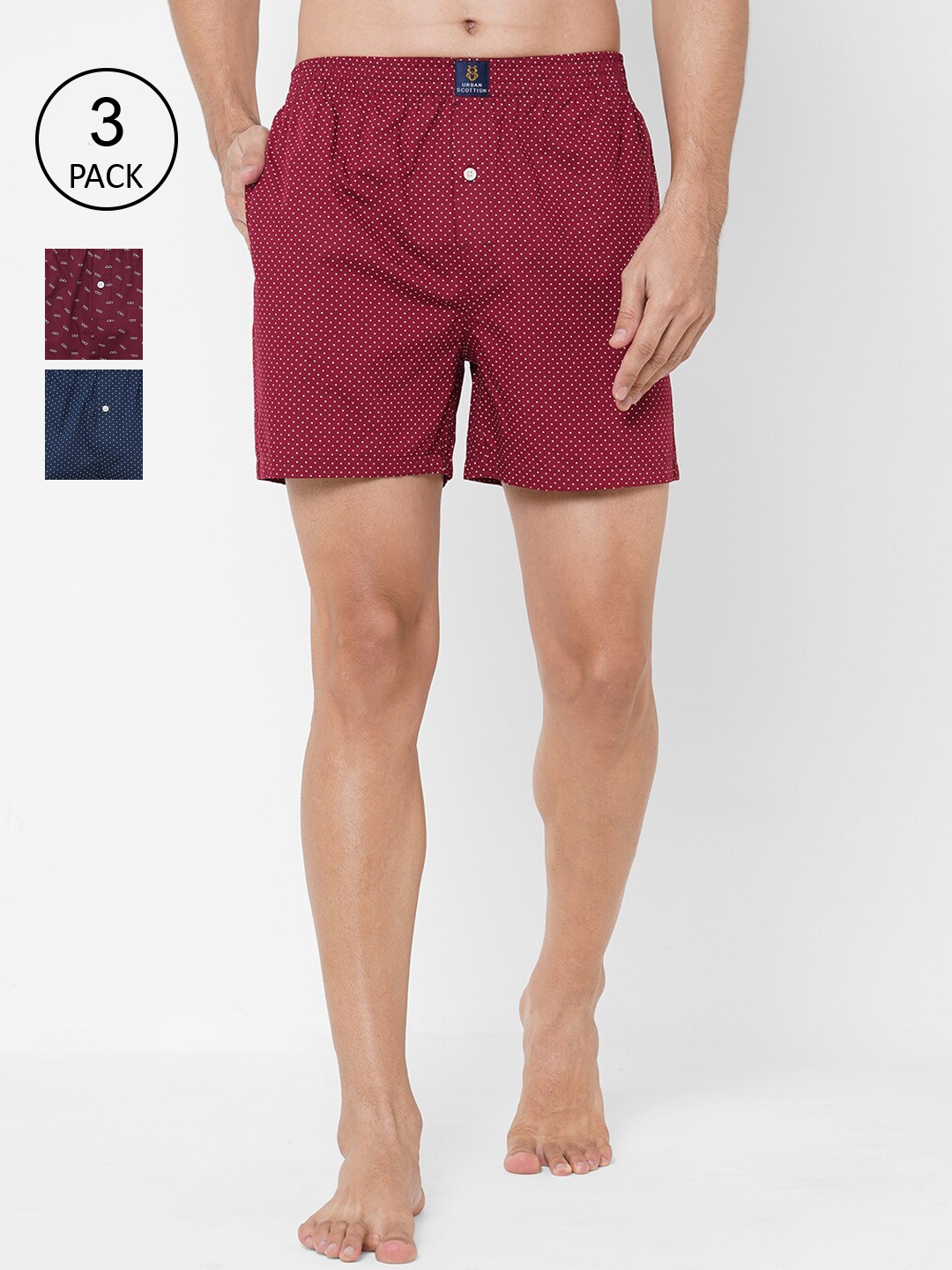 

URBAN SCOTTISH Men Pack Of 3 Printed Pure Cotton Boxers USBX2110, Maroon