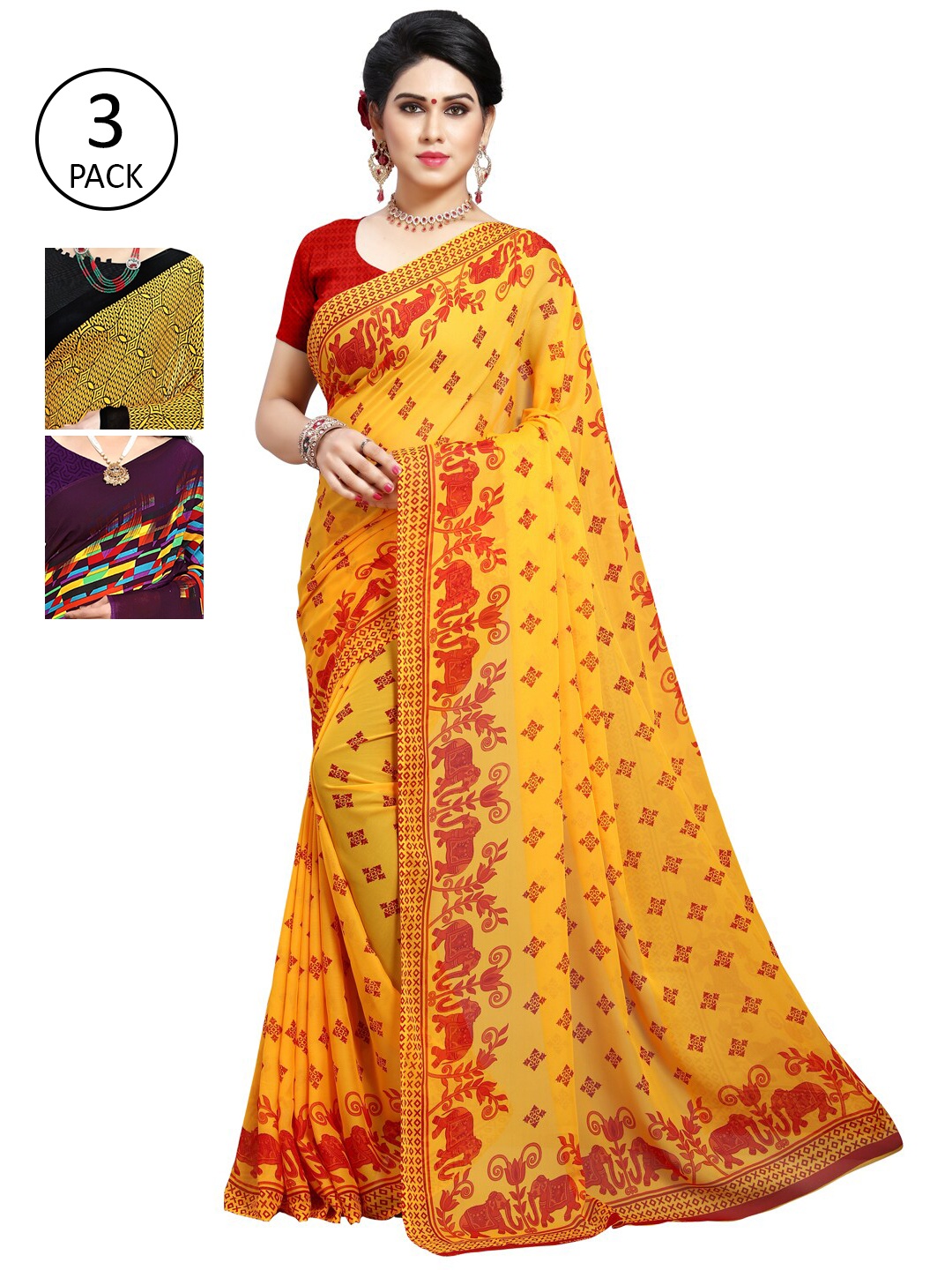 

KALINI Pack Of 3 Yellow & Red Ethnic Motifs Saree
